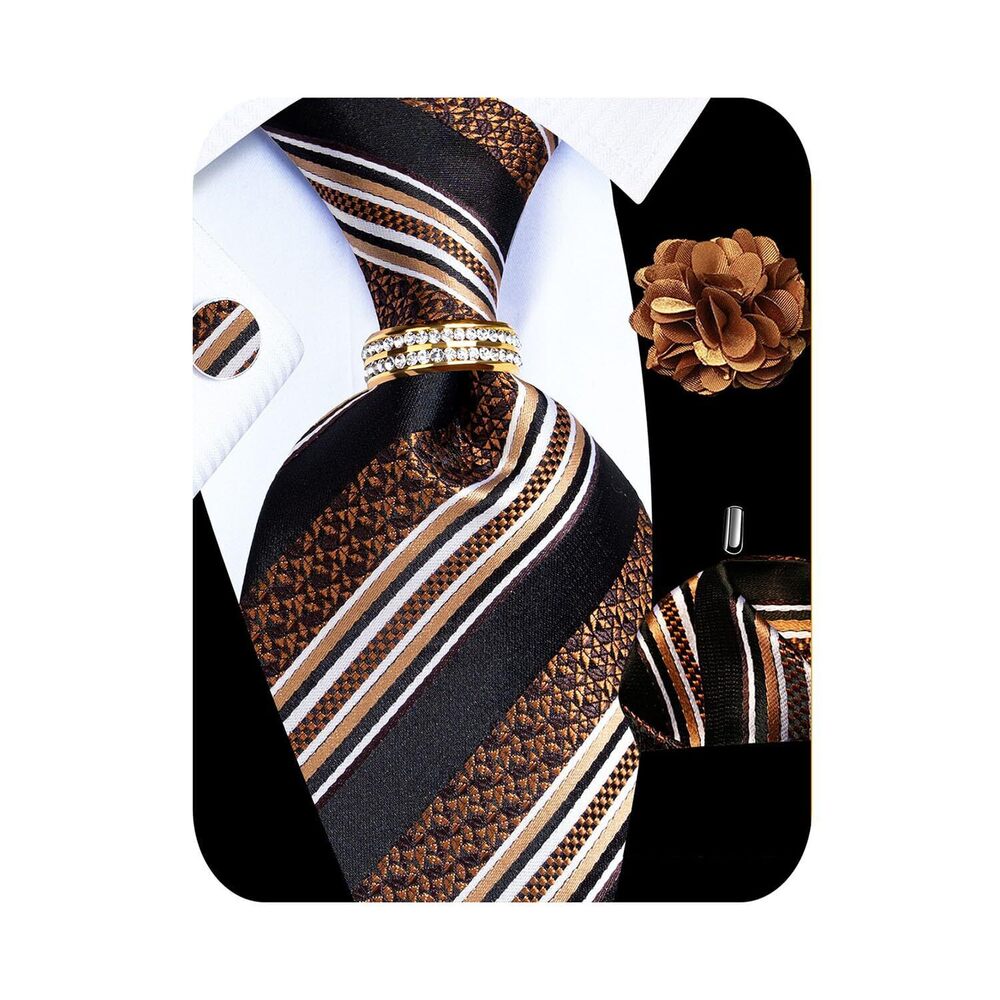 7044 5PCS Brown Striped Tie Pocket Square , Silk Necktie